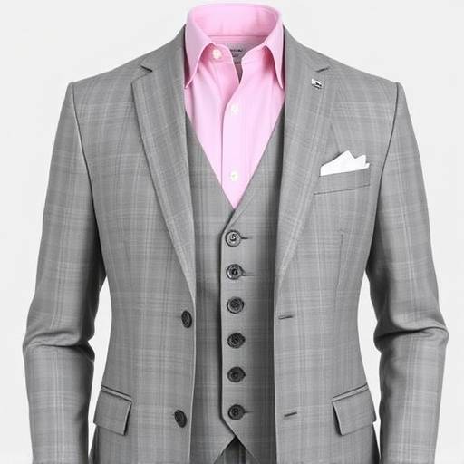 A light grey three-piece business suit made from fine merino wool, featuring a notch lapel, a contrasting waistcoat, and a pastel pink shirt.