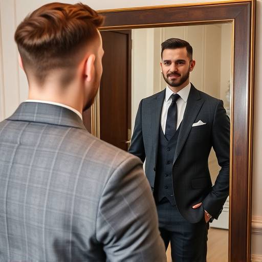 A stylishly dressed client admiring his perfectly fitted bespoke suit in a mirror.
