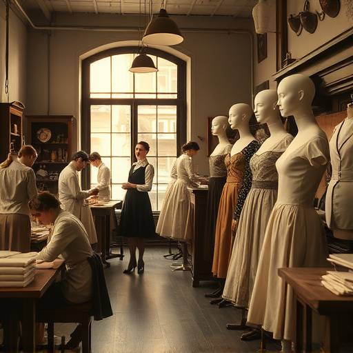 A vintage photograph showing tailors working in a traditional atelier with bolts of fabric and mannequins.